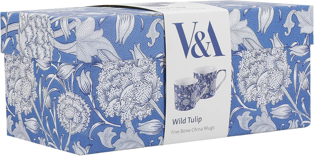 Coffee and Tea Mugs, Porcelain Bone China Mug, William Morris Wild Tulip Design, 300ml, Set of 2, Gift Boxed