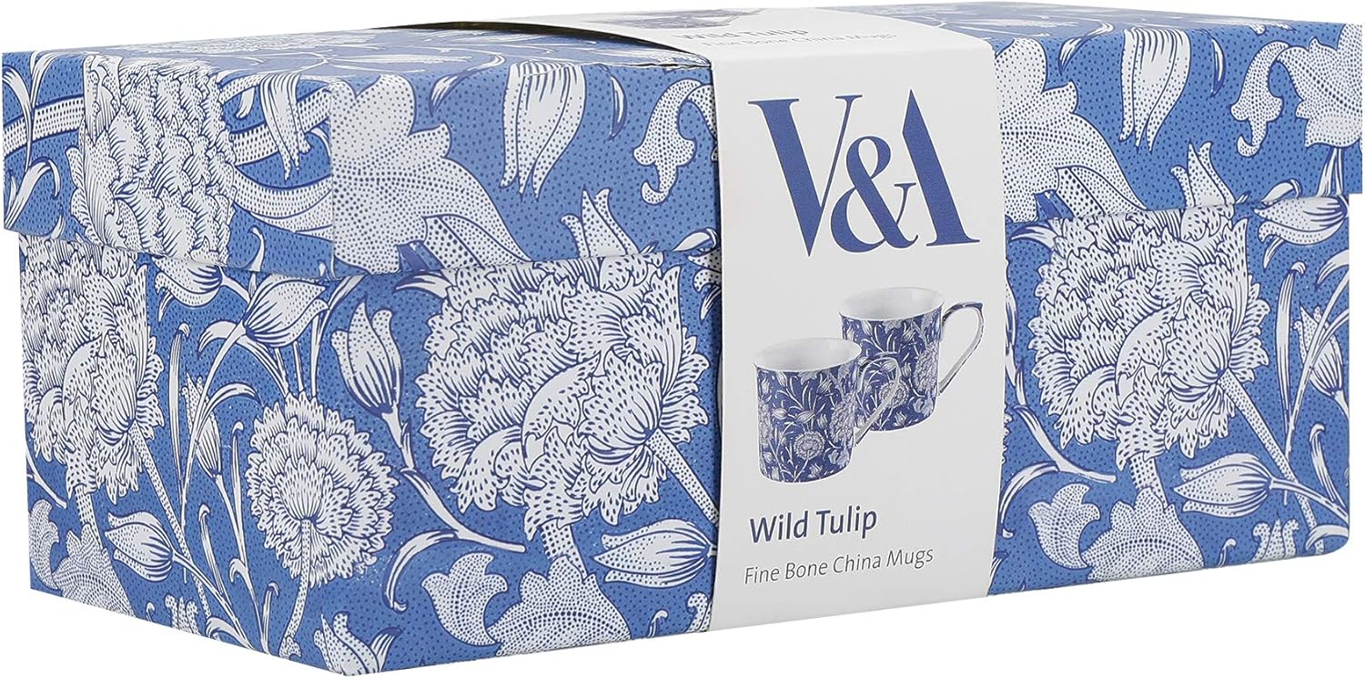 Coffee and Tea Mugs, Porcelain Bone China Mug, William Morris Wild Tulip Design, 300ml, Set of 2, Gift Boxed