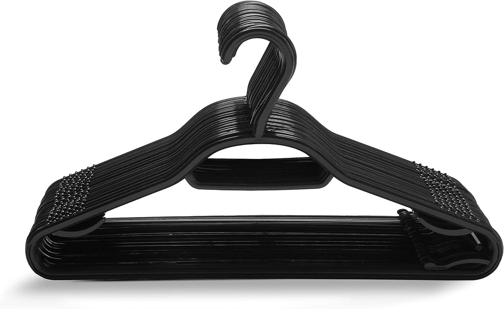 60 Pack 5-in-1 Clothes Hangers – Adult Plastic Coat Hangers for Wardrobe – Space Saving Storage Organiser Hangers with Tie Bar, Strap Hooks, Non-Slip Notches and Secure Lip (Black)