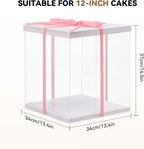 Clear Cake Box, 34x34x37CM for 12 Inch Tall Cake Box, Transparent Cake gift Boxes with Lid & Ribbon, Plastic Cube Cake Gift Packaging Boxes for Birthday Wedding Christmas Party