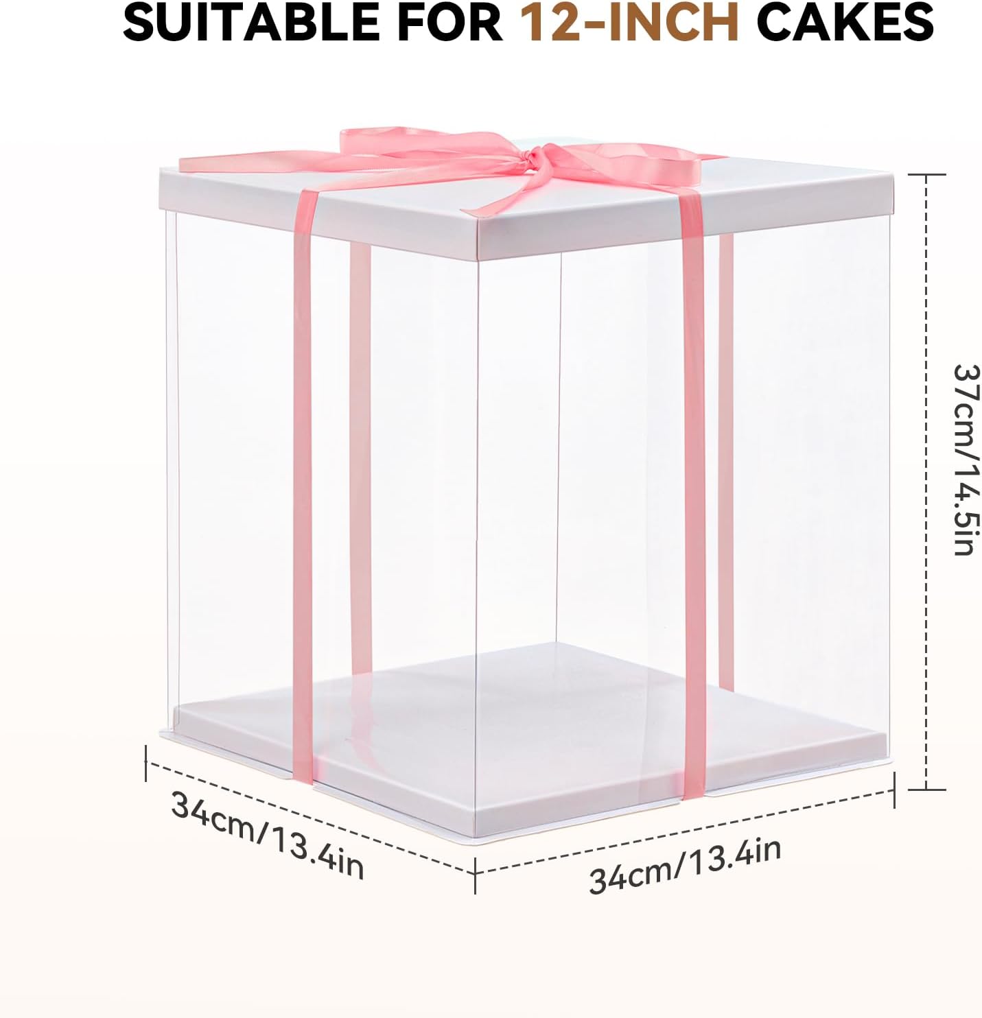 Clear Cake Box, 34x34x37CM for 12 Inch Tall Cake Box, Transparent Cake gift Boxes with Lid & Ribbon, Plastic Cube Cake Gift Packaging Boxes for Birthday Wedding Christmas Party