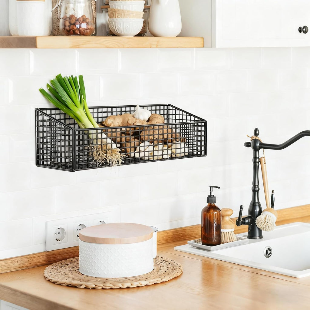 Generic Hanging Wall Basket Metal Hanging Rack Wall Mount Pantry Organizer Rack Fruit Wire Basket for Kitchen Onion Potato Vegetable, Large