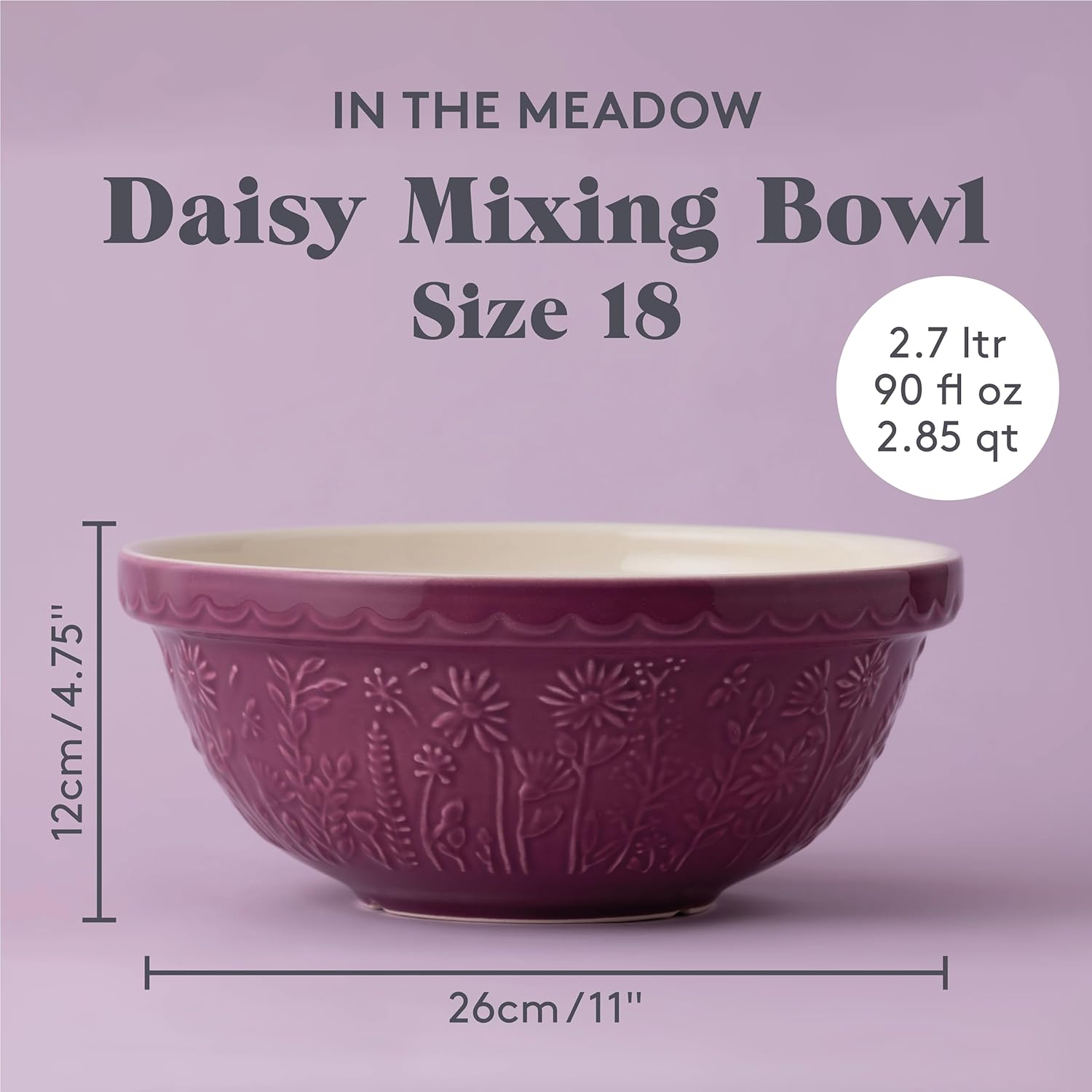 in The Meadow Size 18 Mixing Bowl 26cm | 2.7 Litre Floral Embossed Earthenware Bowl for Dough, Pastry & Cake Mixes | Dishwasher Safe