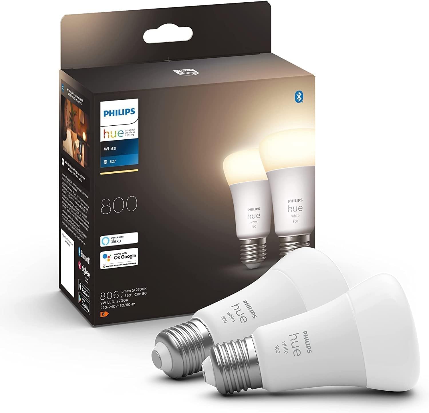 New White Smart Light Bulb 60W - 806 Lumen 2 Pack [E27 Edison Screw] with Bluetooth. Works with Alexa, Google Assistant, Apple Homekit. for Home Indoor Lighting, Livingroom and Bedroom. Main image
