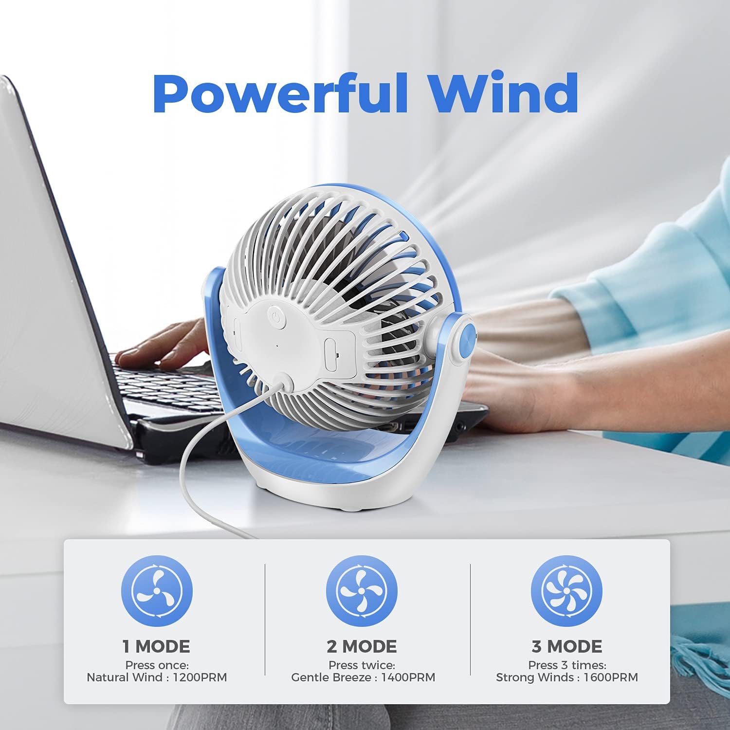 USB Desk Fan Table Fan with Strong Airflow & Quiet Operation, Portable Cooling Fan Speed Adjustable 360°Rotatable Head for Home Office Bedroom Table and Desktop