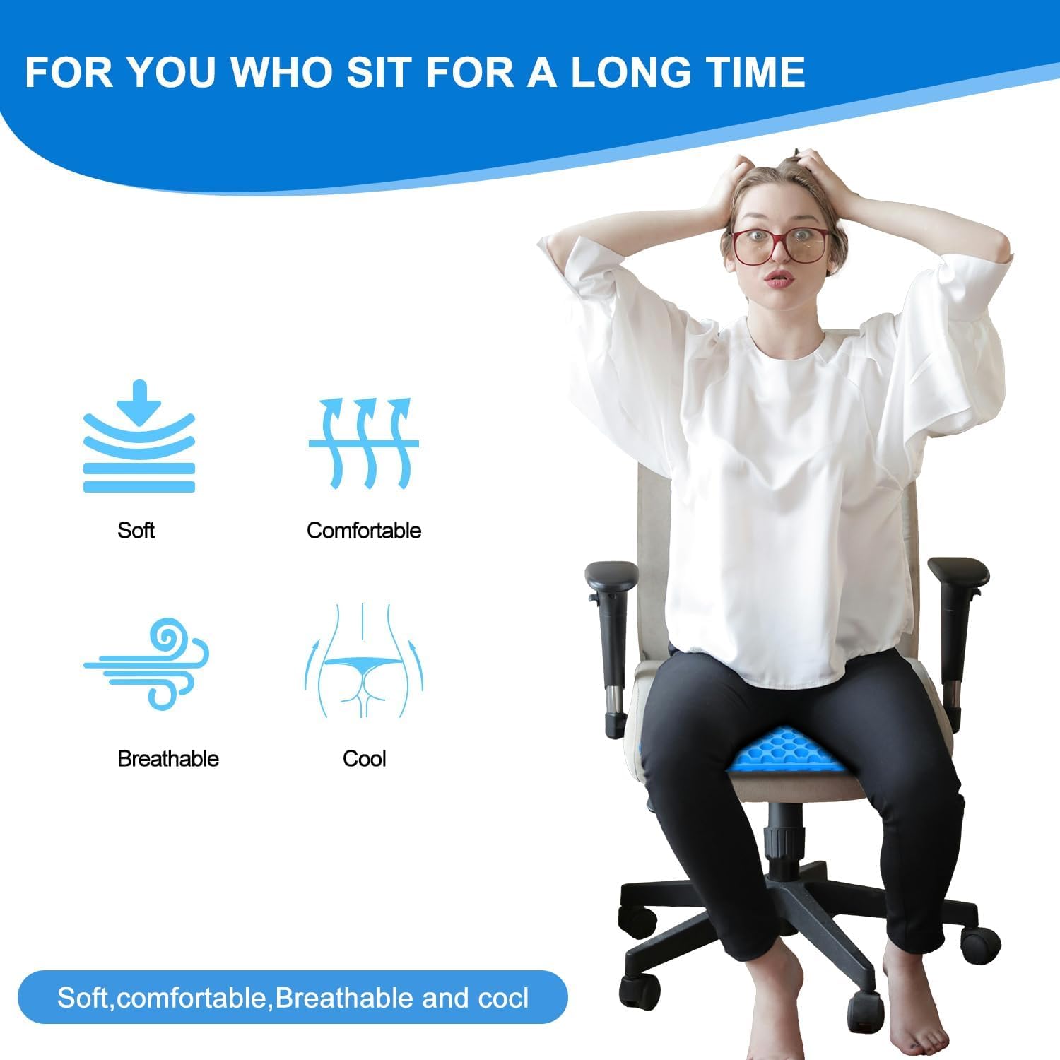 TOEVE Large Gel Seat Cushion For Long Sitting With Non-Slip Covers,Soft & Breathable For Chair,Gaming,Car,Office,Desk Chair and Wheelchair,Office Pads (45 x 45cm-Grey) (40 x 35 x 2.5 cm-Blue)