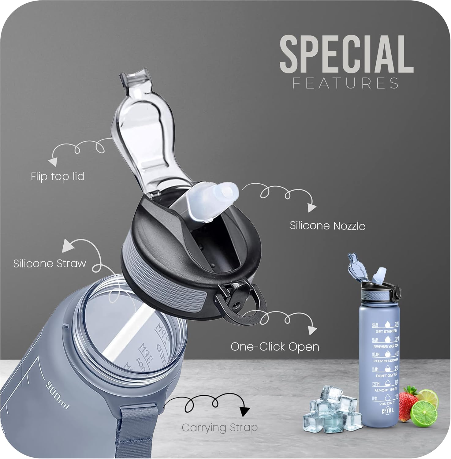 Sports Water Bottle with Straw and Time Marking, and 32OZ Capacity - Motivational and Eco-Friendly BPA-Free Bottle for Running, Gym, Yoga, Outdoors, and Camping (Style-1, Grey)