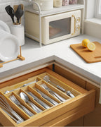 Kitsure Silverware Organizer - Expandable Bamboo Kitchen Drawer Organizer, Adjustable Cutlery Tray for Kitchen Storage & Organisation, 33.6 x 4.5 x 29.0-47.0 cm