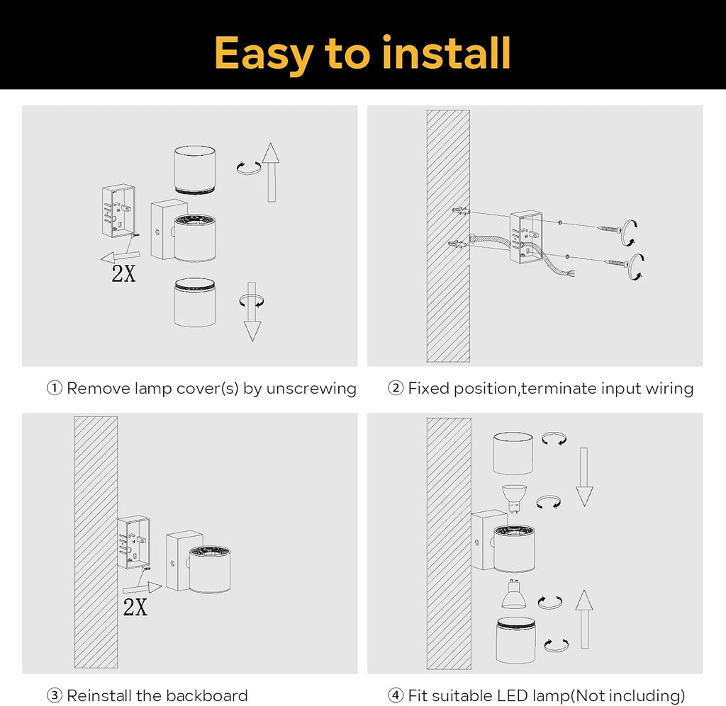 Outdoor Wall Lights, Up Down Mains Powered Lighting, Black Stainless Steel IP44 Waterproof, Exterior Wall Sconce for Indoor, Front Door, Patio, Porch, Garden, Garage - 4 Pack (No Bulb Incl)