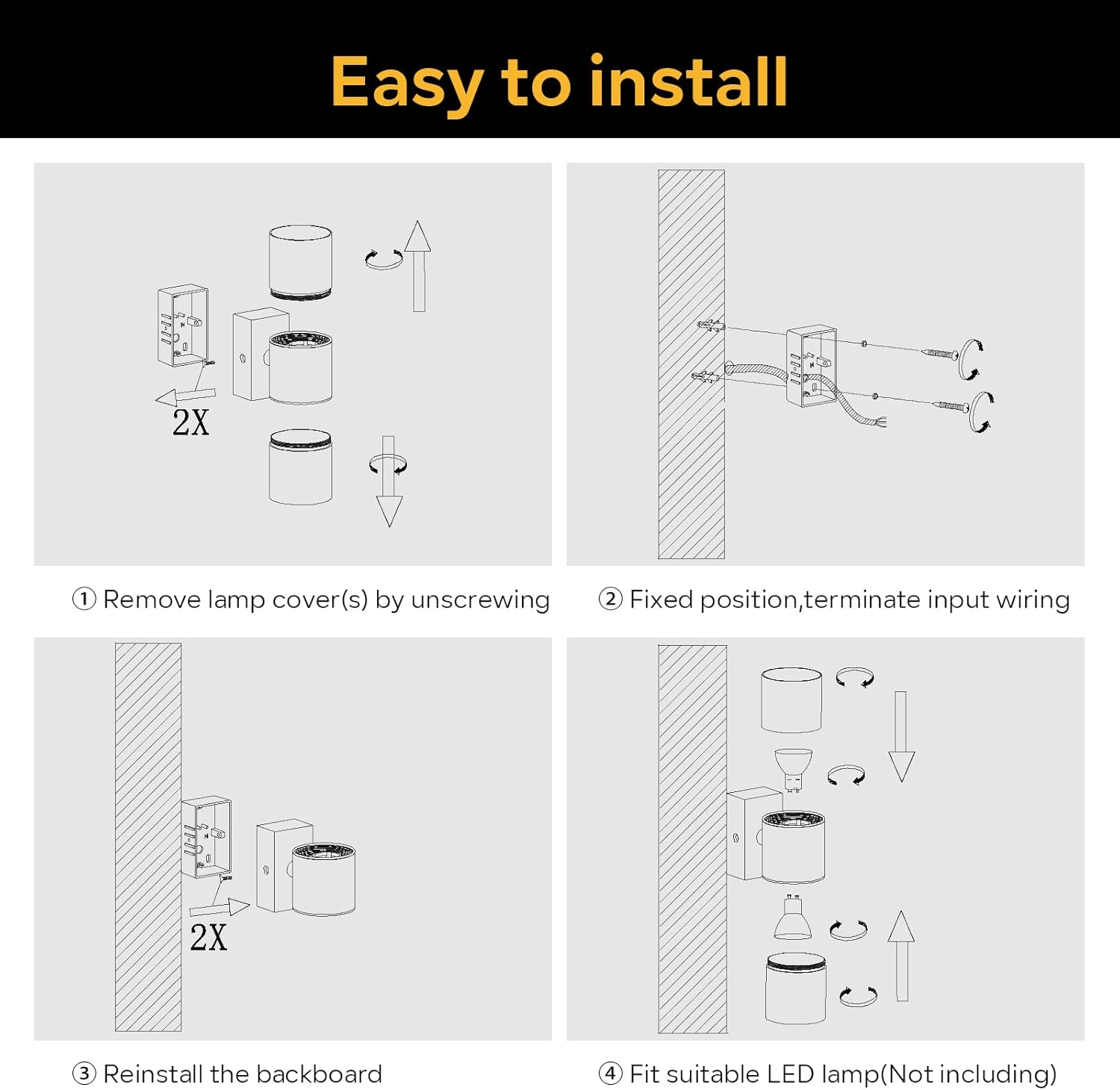 Outdoor Wall Lights, Up Down Mains Powered Lighting, Black Stainless Steel IP44 Waterproof, Exterior Wall Sconce for Indoor, Front Door, Patio, Porch, Garden, Garage - 4 Pack (No Bulb Incl)