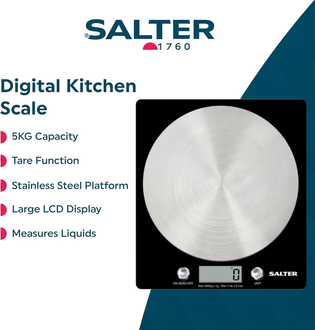 1036 BKSSDR Digital Kitchen Scale – Cooking & Baking Scales for Food Weight, Stainless Steel Weighing Platform, 5KG Capacity, Tare Function, Large LCD Easy Read Display, Measure Liquids, Black