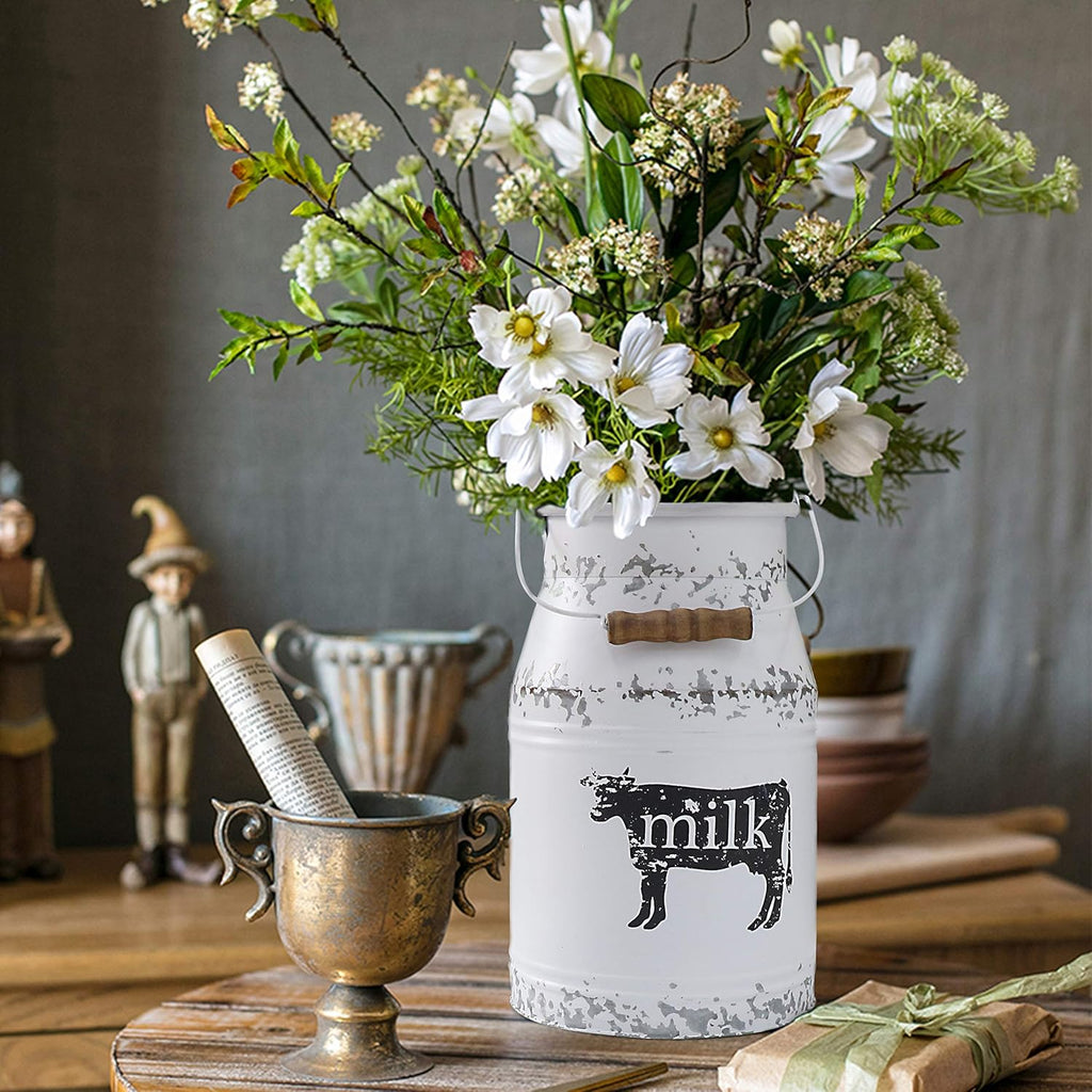 Metal Big Cow Galvanized Milk Can with Wooden Handle, Rustic White Farmhouse Vase Planter, Primitive Decorative Flower Holder for Home Wedding Table Centerpiece Decor Large - 11"