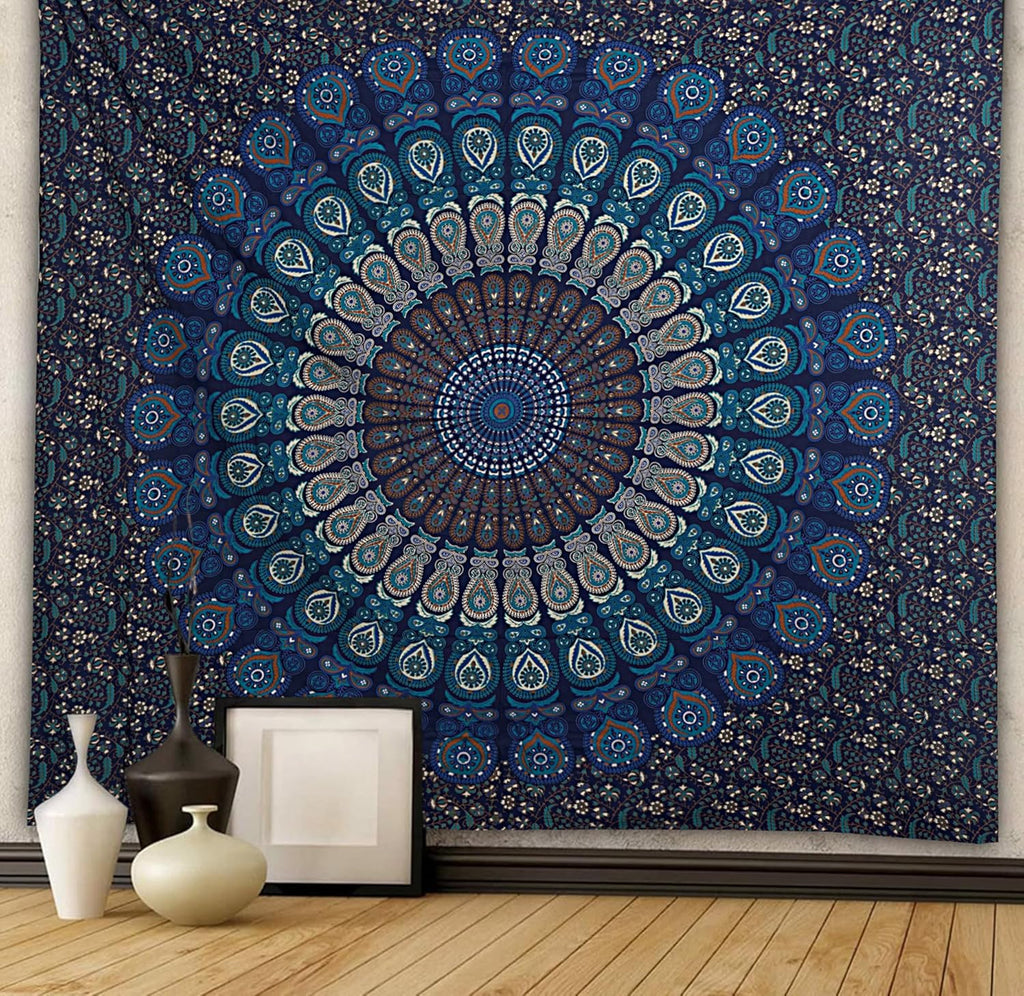 FURNISHFUL FINESSE Peacock Mandala Tapestry for Bedroom Indian Aesthetic Bohemian Wall Hangings Tapestries Hippie Tapestry Psychedelic Room Decor Bedspread Meditation Yoga Mat - 213x228 CM, Navy Blue