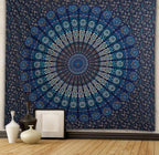FURNISHFUL FINESSE Peacock Mandala Tapestry for Bedroom Indian Aesthetic Bohemian Wall Hangings Tapestries Hippie Tapestry Psychedelic Room Decor Bedspread Meditation Yoga Mat - 213x228 CM, Navy Blue