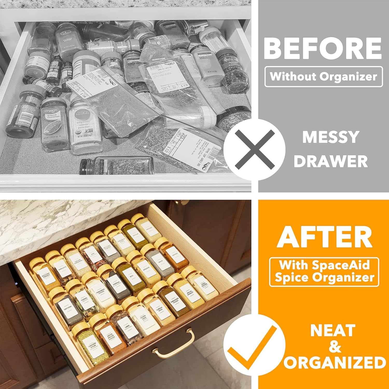 Bamboo Spice Drawer Organizer with 24 Spice Jars, 378 White Minimalist Spice Labels, 3 Tier Seasoning Rack Tray Insert for Kitchen Drawers, 15" Wide x 15" Deep x 2.6" Tall