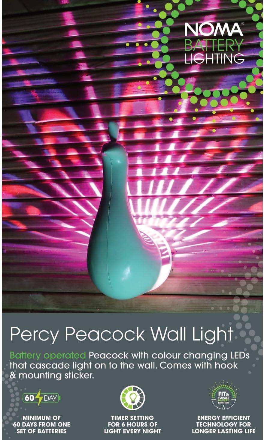 Percy Peacock Wall Light, 20 cm, Battery Operated (Pack of 1) Main image