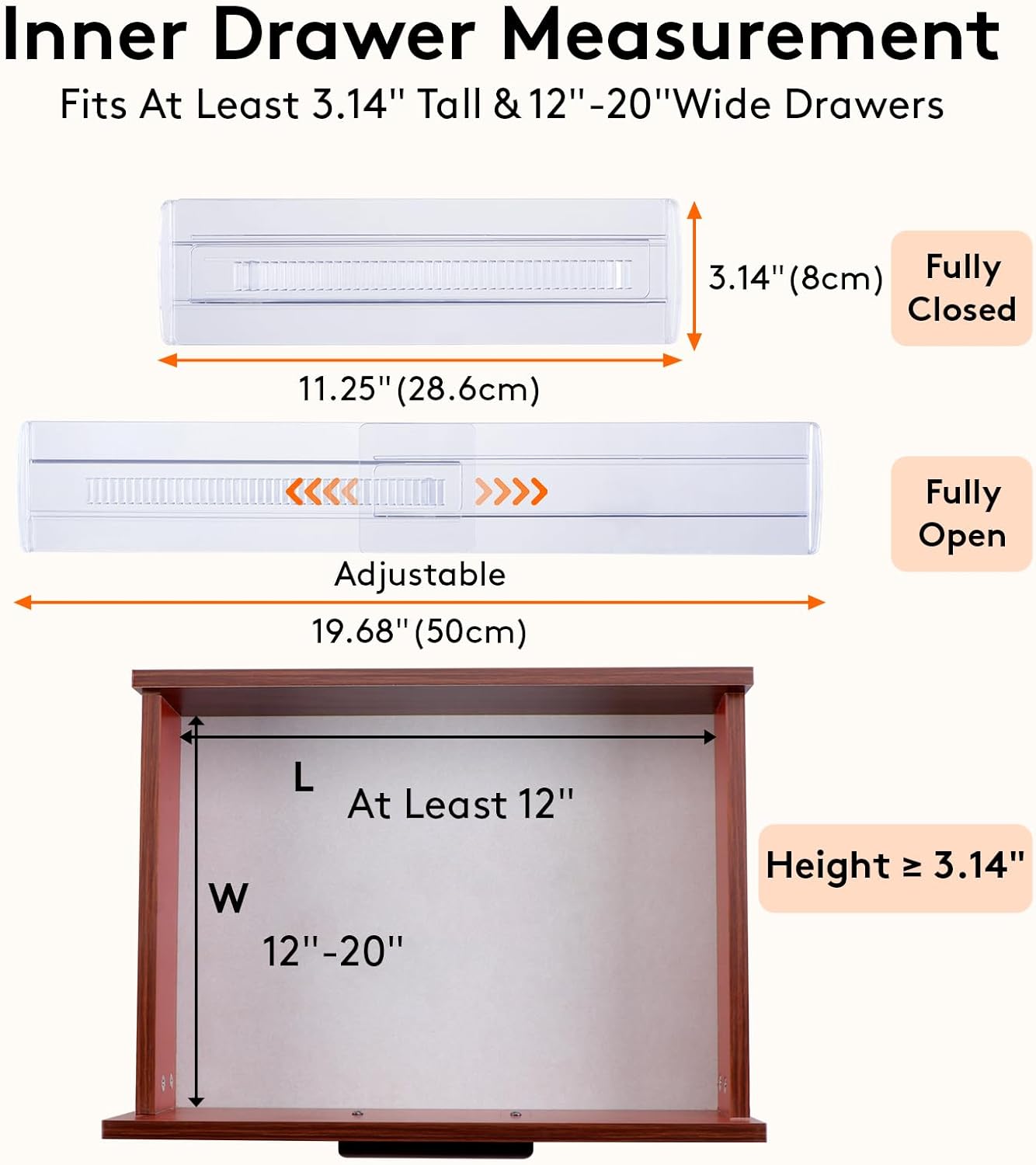 6 Pack Drawer Dividers, 3.2" High Expandable from 11.2-20" Adjustable Drawer Organisers,Clear Plastic Drawers Separators for Clothing, Kitchen Utensils and Office Storage