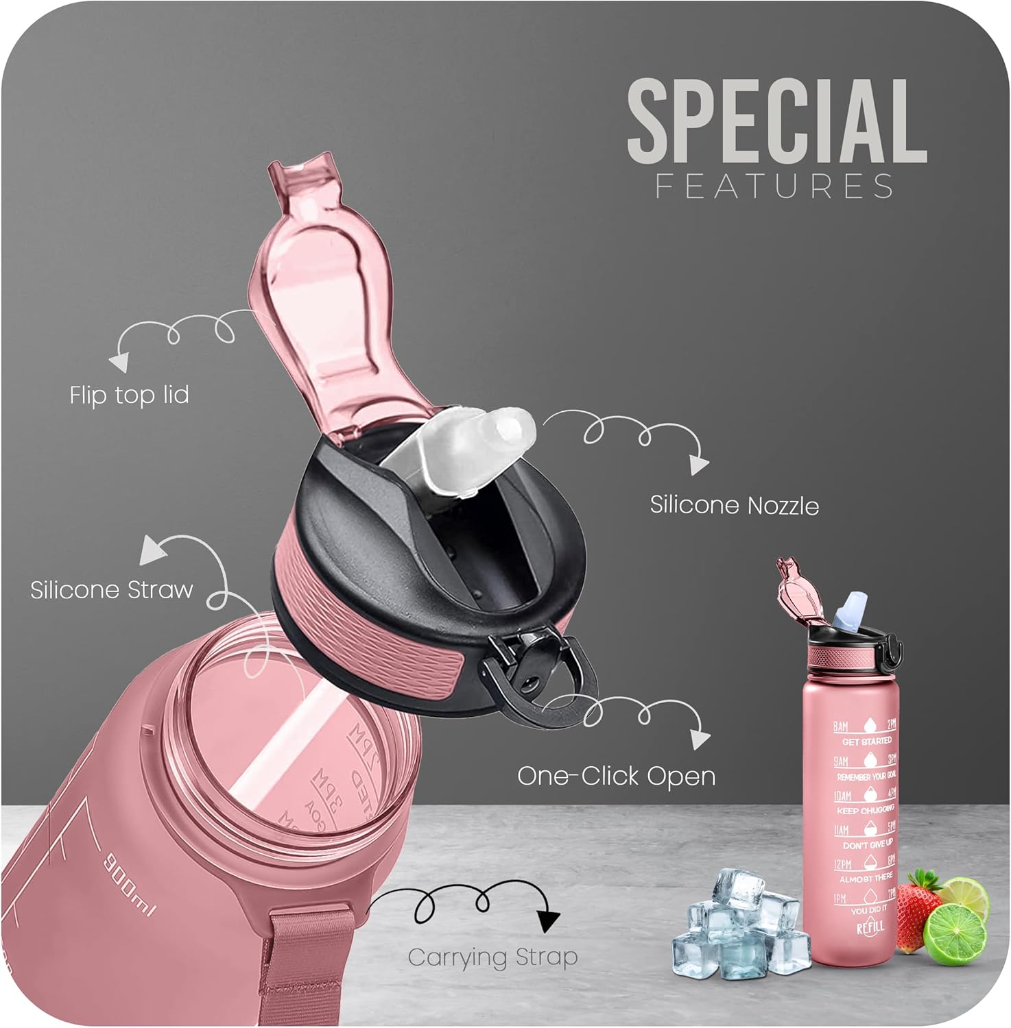 Sports Water Bottle with Straw and Time Marking, and 32OZ Capacity - Motivational and Eco-Friendly BPA-Free Bottle for Running, Gym, Yoga, Outdoors, and Camping (Style-1, Pink)