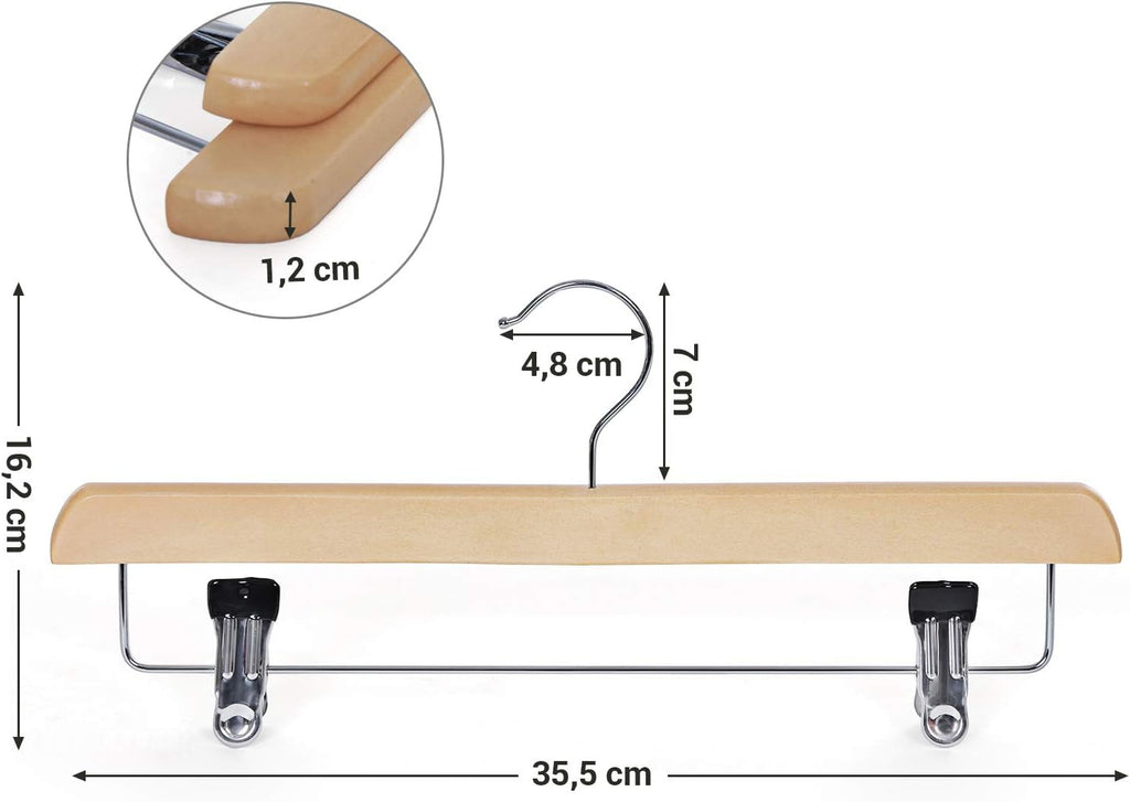 SONGMICS Skirt Hangers, Pack of 8, Solid Wood Trousers Hangers, with Non-Slip Clips for Pants Slacks, Shorts, Natural CRW008-8