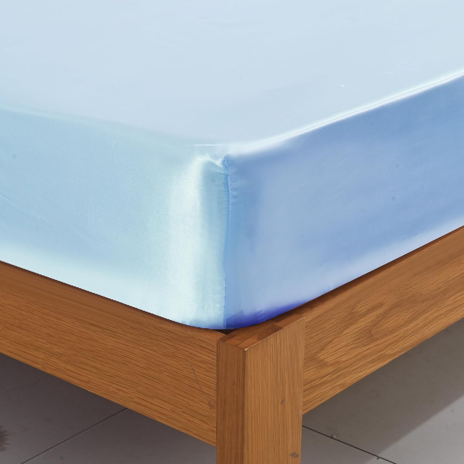 Satin Silk Fitted Sheet with Pillowcase Set Breathable Soft Bedding Brushed Fabric Wrinkle, Shrinkage and Fade Resistant Bottom Bed Sheets (SKY BLUE, Double)