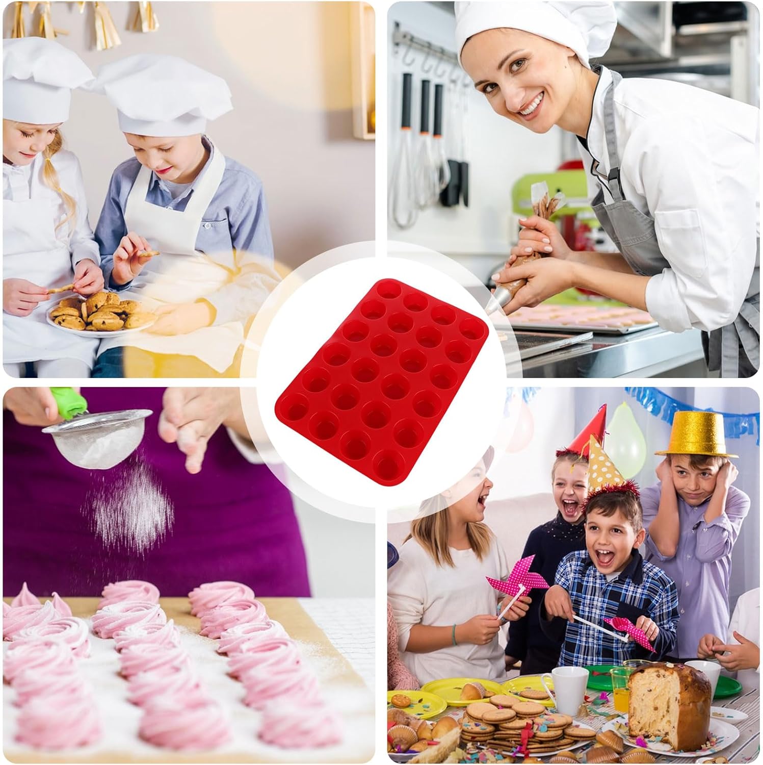 3 PCS Mini Muffin Tray 24 Cups, Silicone Muffins Pan Non-Stick Mini Cupcake Tray Reusable Muffin Baking Tray - 34 x 23 x 2.5cm - Red