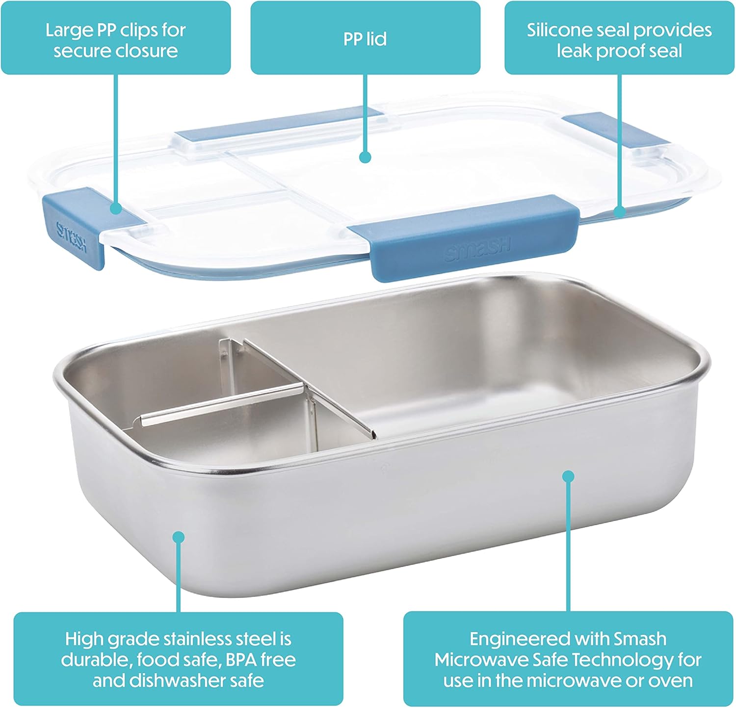 Stainless Steel Bento Lunch Box, 3 Compartments, Blue, 1300ml