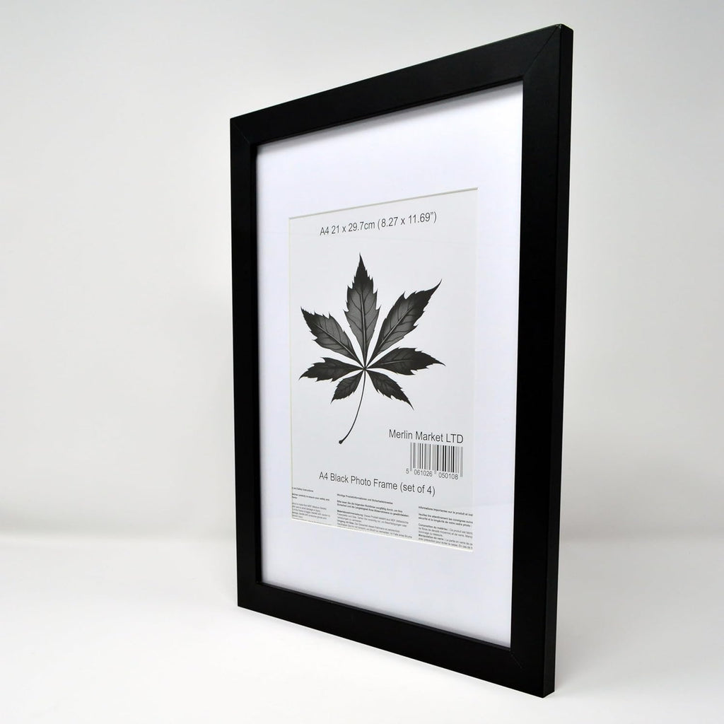 Black A4 Frame Set of 4 (21x29.7cm) with Mount for 19x14cm | Poster & Certificate Frame | Wall Mount or Table Top Display | Classic Style