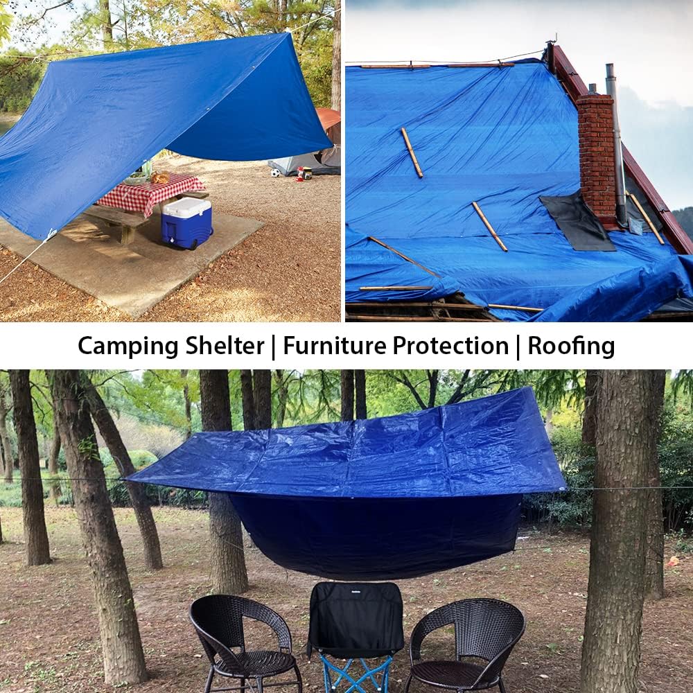 Tarpaulin 3m x 4m Water-resistant Tarp Large Camping Cover Sheet – Multipurpose Groundsheet with UV Protection, Weatherproof & Frost-Resistant – Reinforced Eyelets - Blue
