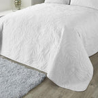Serene - White Leaf Embossed Bedspread (230cm X 200cm) - Soft Touch - Microfibre - Leaf/Leaves Embroidery Quilted Bedspreads - White Floral Blanket/Bed Cover for Bed - Luana Collection