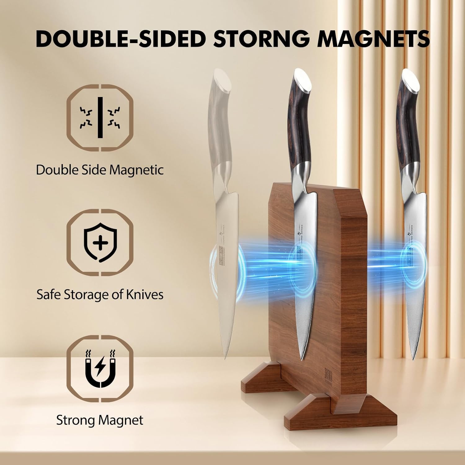 Magnetic Knife Block, Thickened Acacia Wood Kitchen Knife Holder Stand with Strong Magnets, Multifunctional Double Side Knife Storage Organizer for Kitchen Counter Secondary image