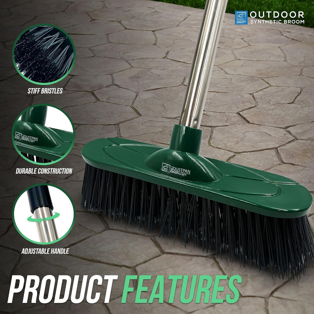 Yard Broom Outdoor Heavy Duty, 10” Garden Broom Synthetic Hard Bristle Brush Head with Strong Handle, Stiff Sweeping Brush Outdoor