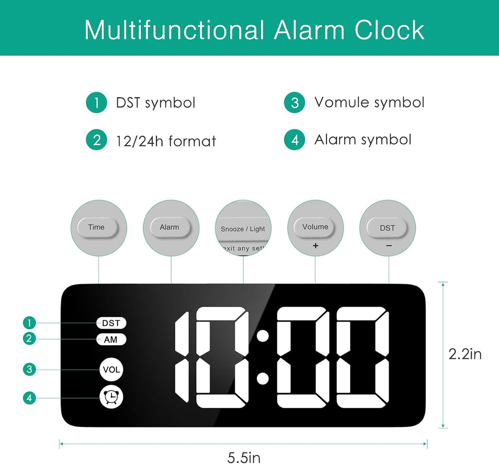 Digital Alarm Clock, 5.8 Inches LED Bedside Clock for Kids Bedrooms with 4 Dimmable Brightness, 3 Adjustable Volume, Snooze (1.5m USB Cable Included)