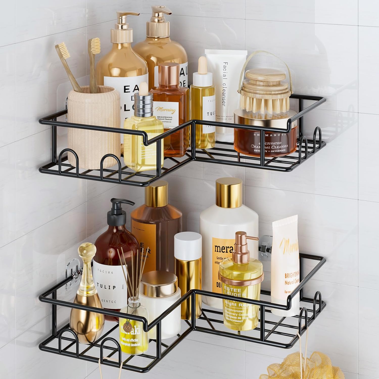 Vinabo Corner Shower Caddy, 2 Pack Rustproof Bathroom Shelves, Shower Shelf No Drilling, Adhesive Bathroom Organiser Accessory with Hooks, Black