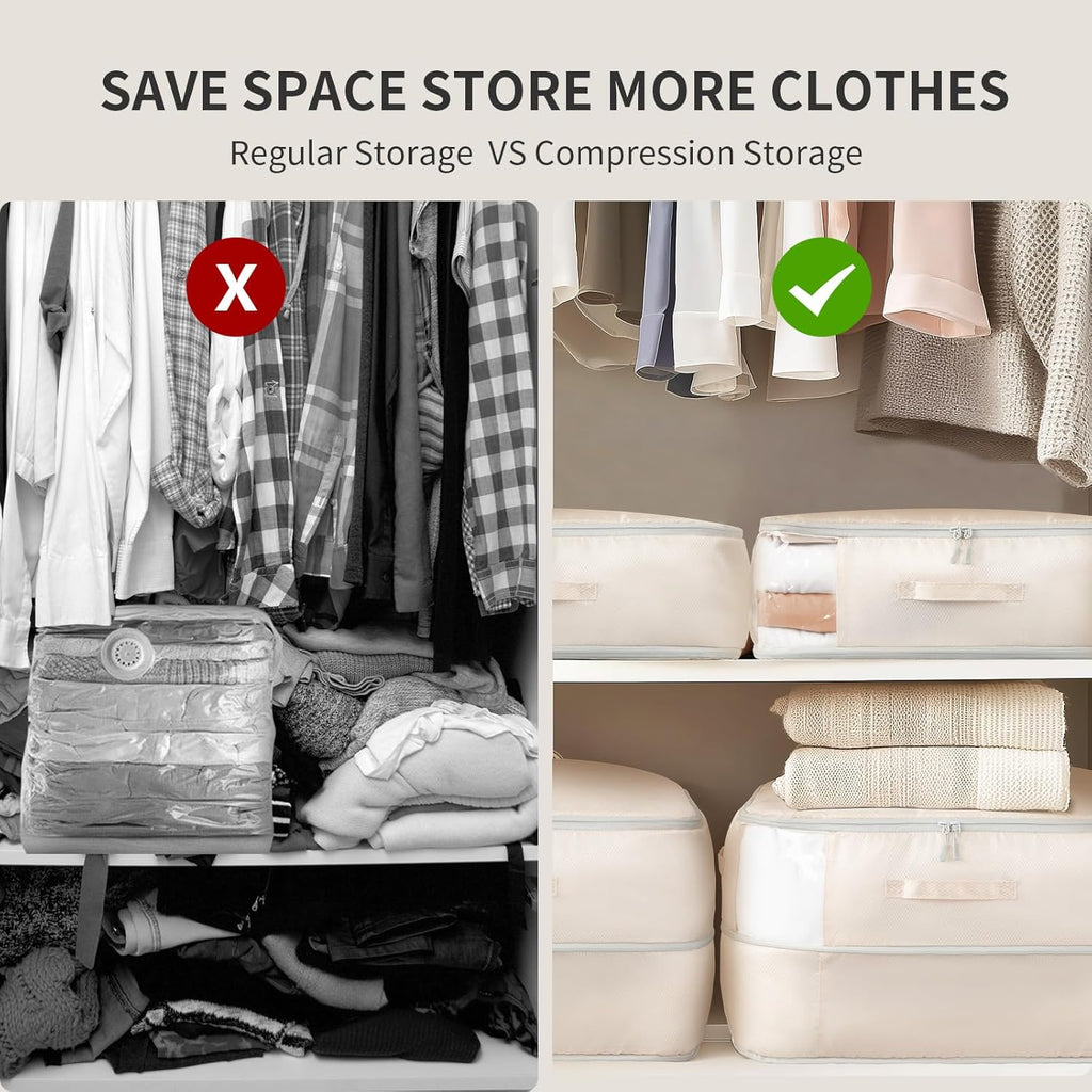 Space-Saving Compression Storage Bags - 2 Pack Foldable Duvet Storage Organisers Large Compression Packing Cubes with Clear Window for Moving, Dorm, Down Jackets, Clothes, Bedding (Beige)