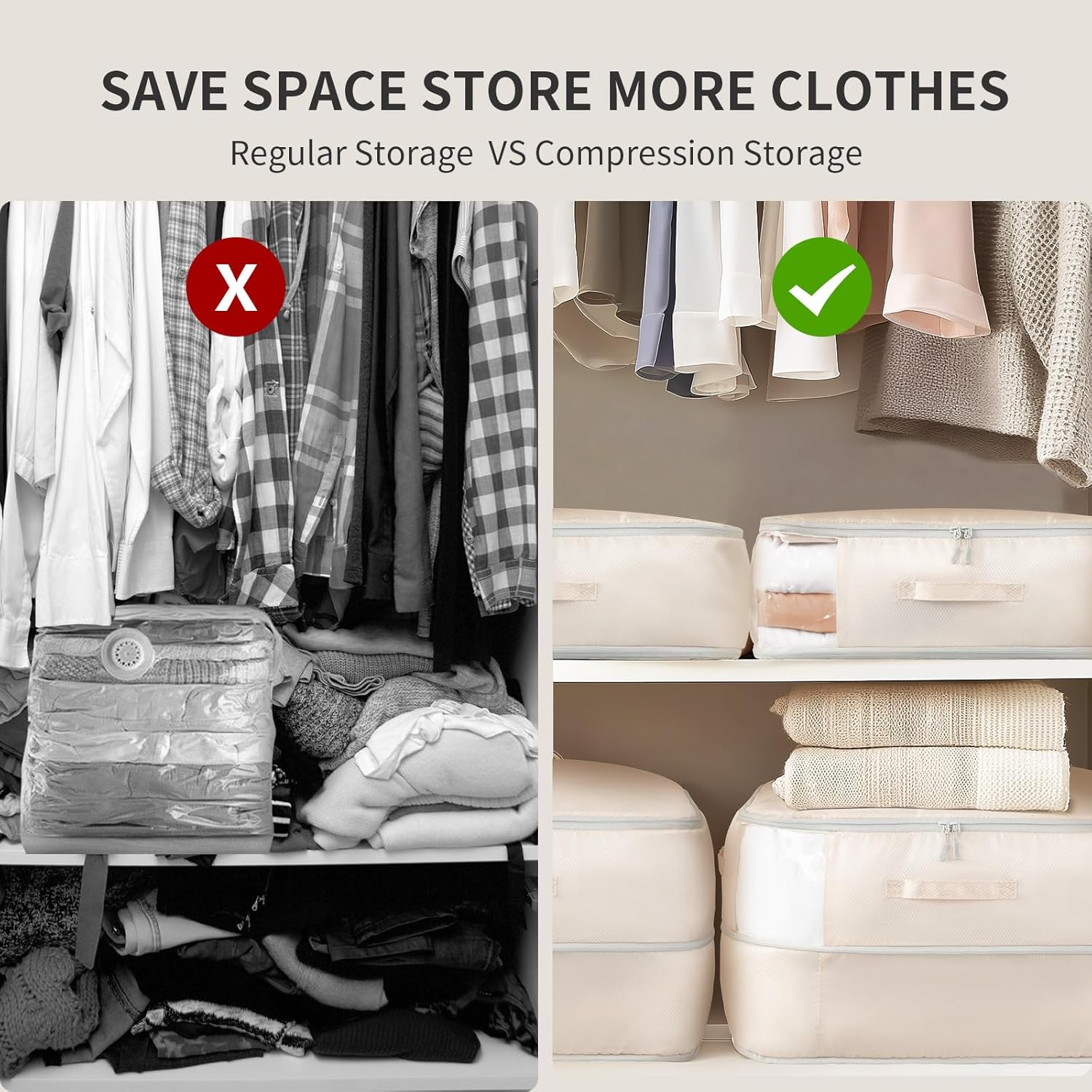Space-Saving Compression Storage Bags - 2 Pack Foldable Duvet Storage Organisers Large Compression Packing Cubes with Clear Window for Moving, Dorm, Down Jackets, Clothes, Bedding (Beige)