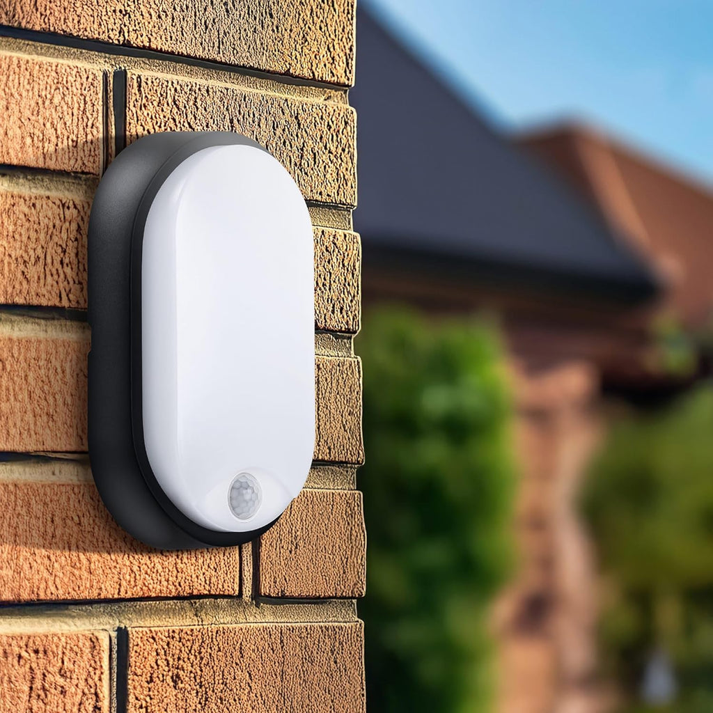 Eco Outdoor LED Bulkhead Light with PIR Motion Sensor, Decorative Exterior Lighting, Oval, Black, IP54, 10W, 700lm, 4000K, EBEO10P40