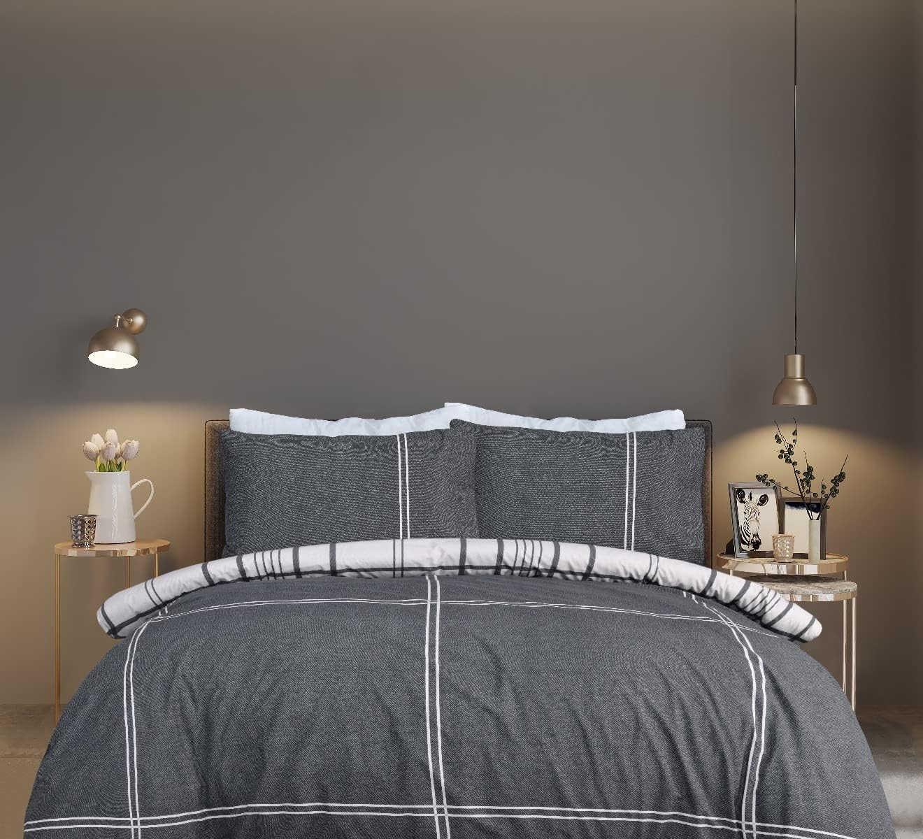 Sleepdown 100% Pure Cotton Check Natural Black Reversible Duvet Cover Quilt Pillow Cases Bedding Set Soft Easy Care - Double (200cm x 200cm) Secondary image
