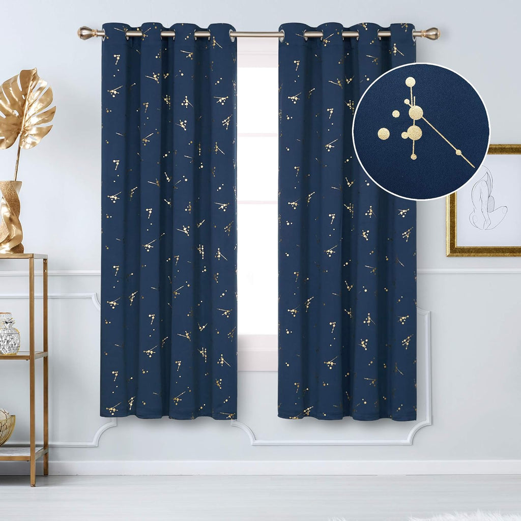 Curtains, Eyelet Blackout Curtains, Gold Constellation Printed Thermal Insulated Curtains for Boys Bedroom, 52 x 63 Inch(Width x Length), Navy Blue, 2 panels