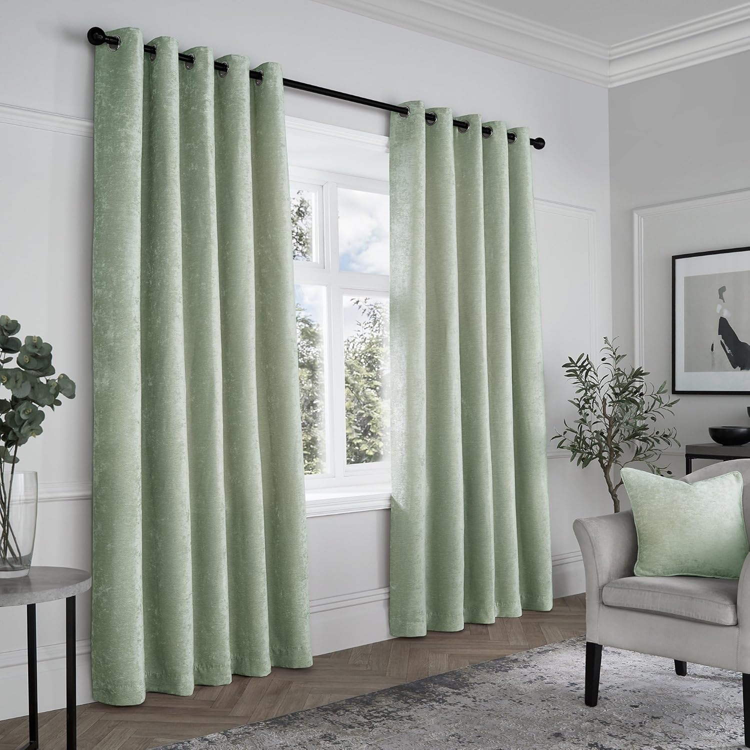Sage Green Woven Curtains - 2 Panels, 66"x90" (168x229cm) - Light Green Eyelet, Textured Chenille - Luxury Drapes for Bedroom/Living Room Main image
