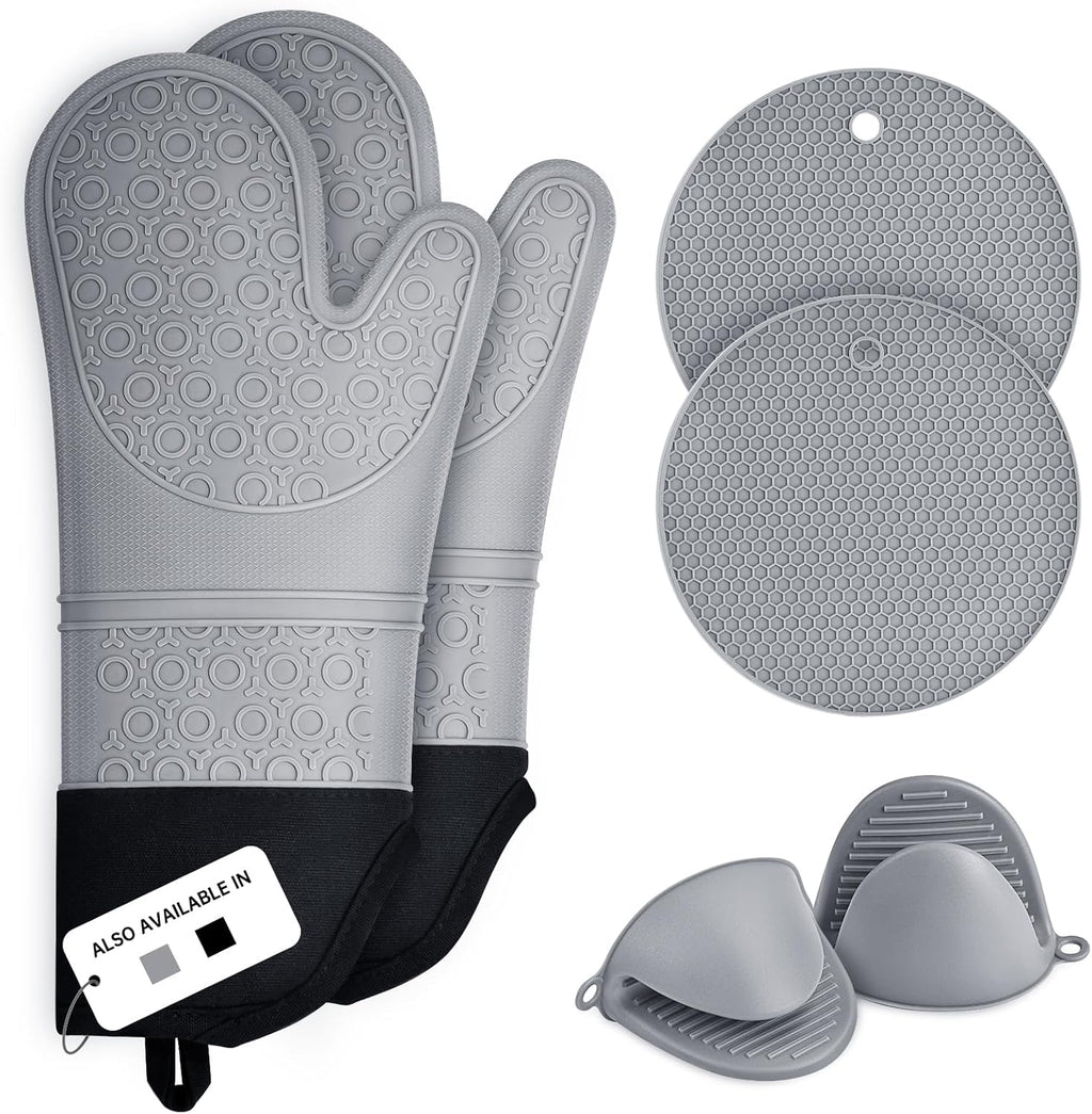 Oven Gloves, Sopito Set of 6 Silicone Oven Mitts 446°F Heat Resistant with Pot Holders for Kitchen Baking Grilling Microwave, Grey