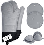 Oven Gloves, Sopito Set of 6 Silicone Oven Mitts 446°F Heat Resistant with Pot Holders for Kitchen Baking Grilling Microwave, Grey