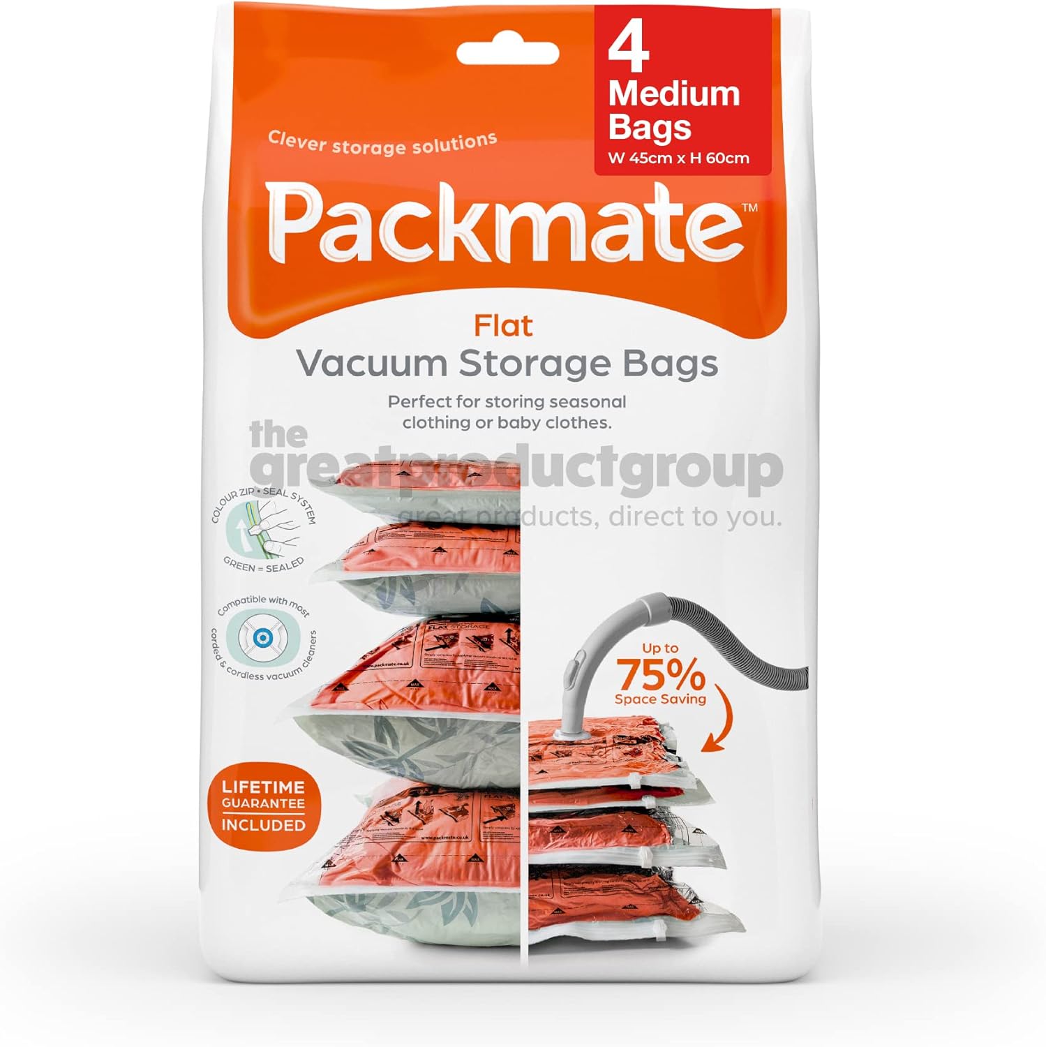 Packmate - 4 Medium 60 x 45cm Flat Vacuum Storage Bags Ð Ideal for Storing Baby Clothes, Pillows, Blankets, Towels and Much More Main image