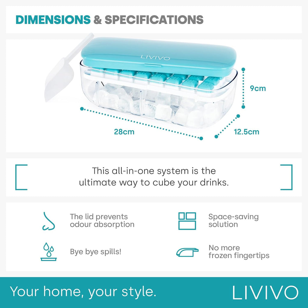 Ice Cube Tray with Lid Dispenser & Storage - Reusable BPA Free Easy Press Release 48 Ice Cube Moulds - 2 Tray with Dispenser, Ice Bucket & Scoop