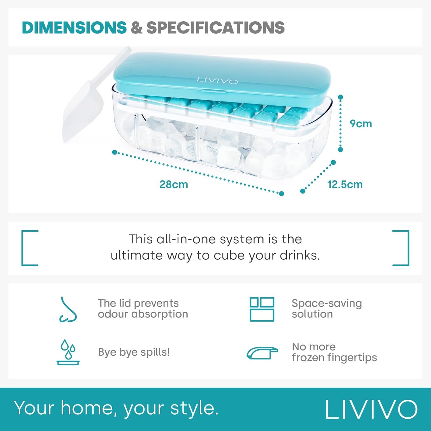 Ice Cube Tray with Lid Dispenser & Storage - Reusable BPA Free Easy Press Release 48 Ice Cube Moulds - 2 Tray with Dispenser, Ice Bucket & Scoop