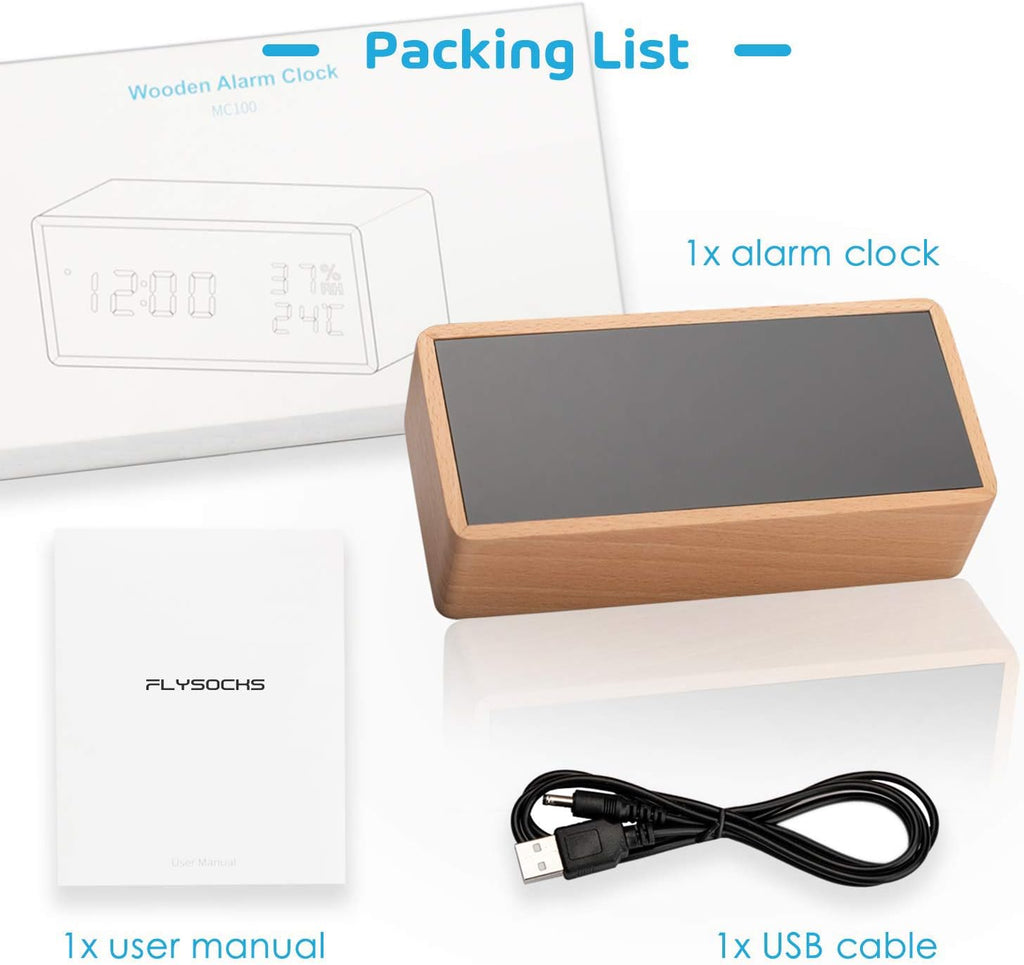 Alarm Clock Bedside, Wooden Digital Alarm Clocks Non Ticking, Adjustable Brightness & USB Charging for Bedside, Desk, Shelf