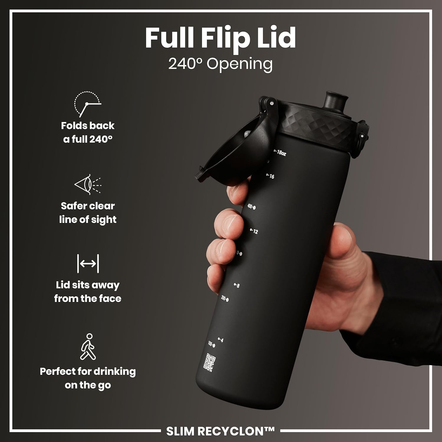 Water Bottle, 500 ml/18 oz, Leak Proof, Easy to Open, Secure Lock, Dishwasher Safe, BPA Free, Hygienic Flip Cover, Carry Handle, Fits Cup Holders, Easy Clean, Carbon Neutral, Black