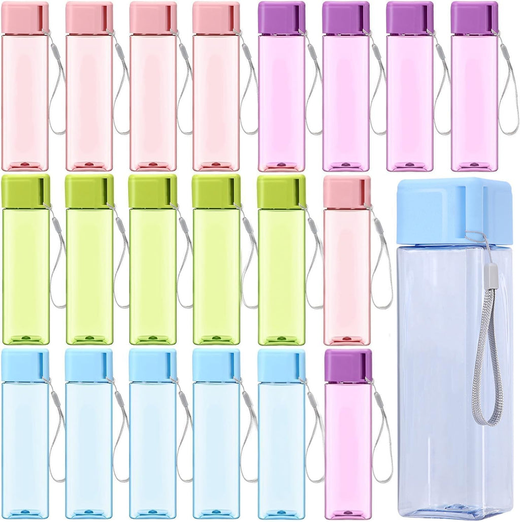 20 Pack Kids Plastic Water Bottle Bulk 500ml Sport Water Bottle, Reusable Square Drink Bottles, Lightweight Leakproof Beverage Bottles with Handle Strap for School, Gym, Outdoor Fitness, Travel