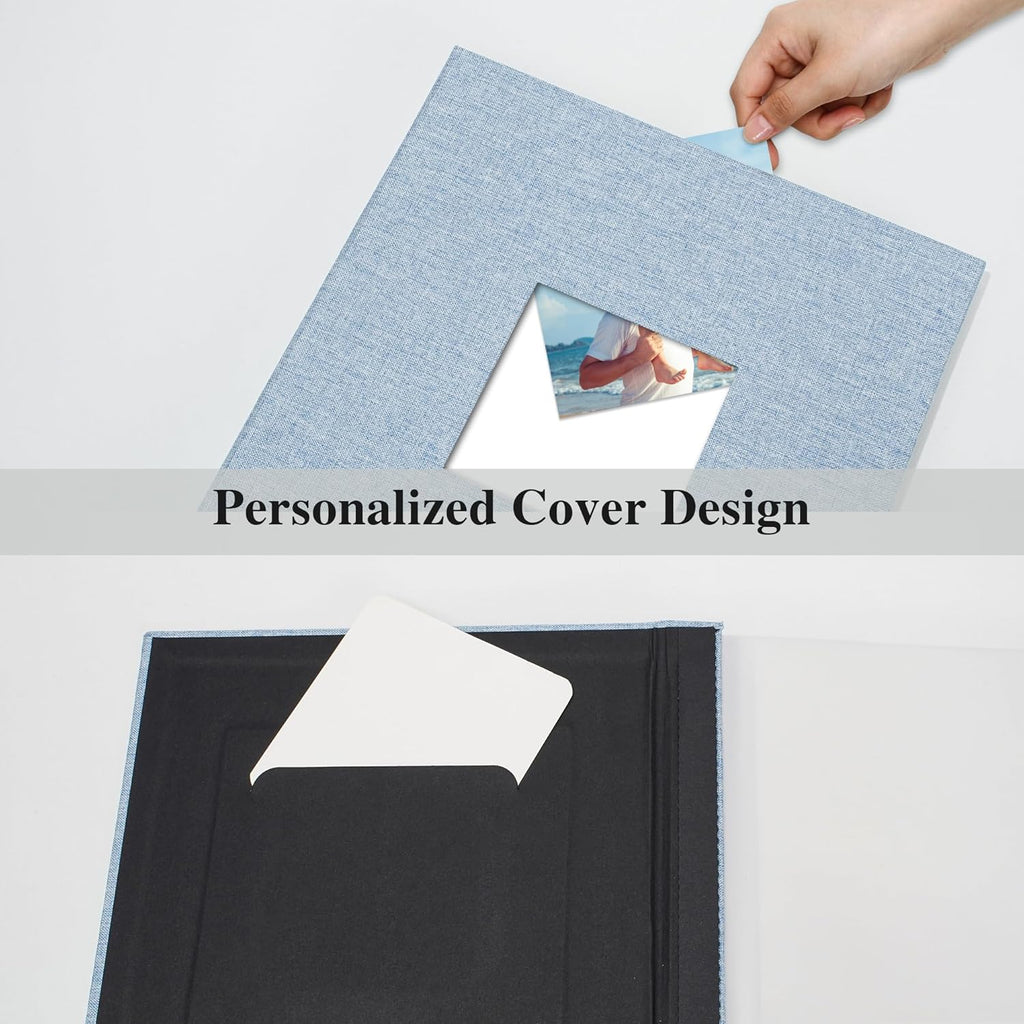 Self Adhesive Photo Album with Picture Window for 4 x 6 Photos, Linen Cover DIY Scrap Book Album 40 White Pages for Travel, Photo Book with a Ballpoint Pen, 17 x 18 cm, Sky Blue