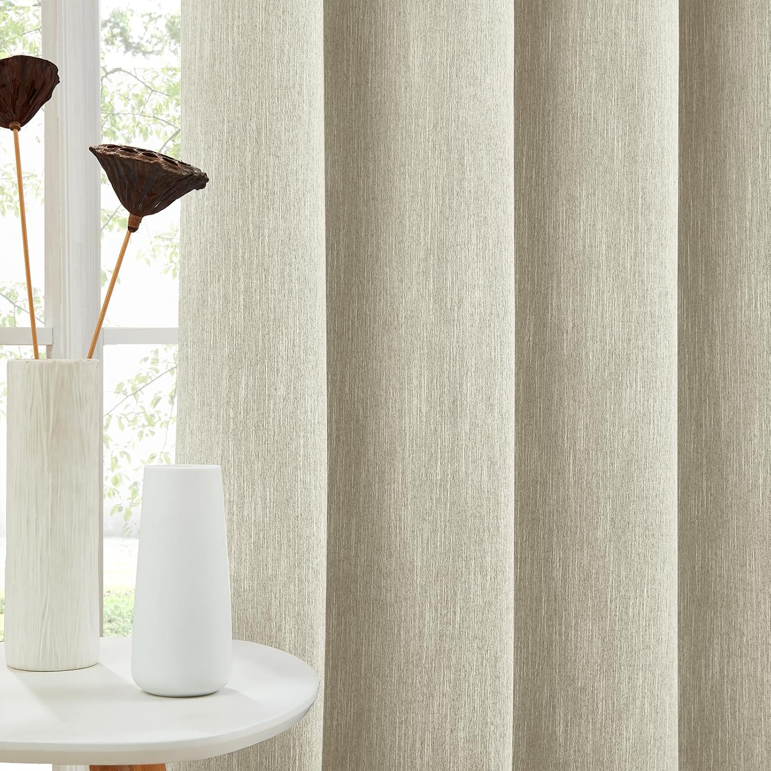 1 Panel Eyelet Grommet Curtains - Cotton Blend Room Darkening Curtain with Tiebacks, Blackout Thermal Insulated Window Drapes for Nursery, Bedroom, Living Room (Beige, 66 x 54 Inch Drop)