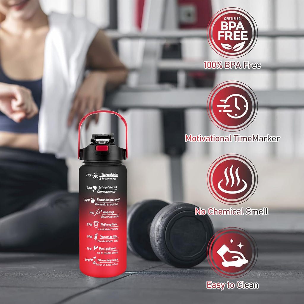 3 Pack Water Bottle BPA Free ,2L/800ML/300ML Sport Water Bottles with Straw & Brush,Motivational Time Markings, Leak-Proof, 2 Liters Gym Drinks Bottle for Adults Women, Running,Cycling -Black Red